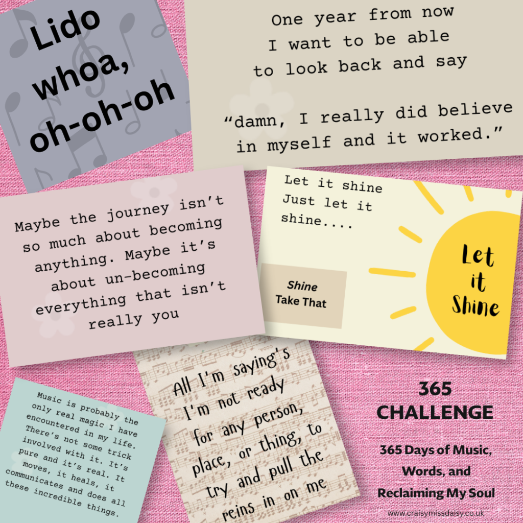 Square digital scrapbook collage of typewriter quotes, song lyrics, and sheet music snippets on a textured pink background.