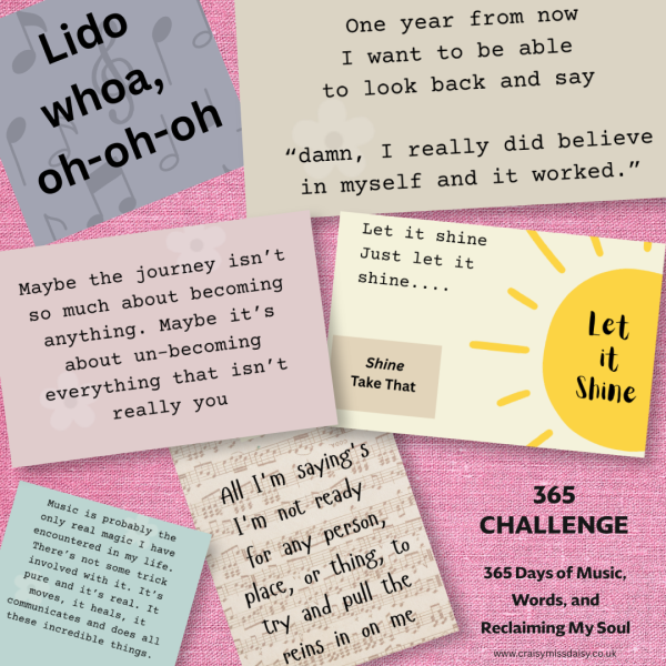 Square digital scrapbook collage of typewriter quotes, song lyrics, and sheet music snippets on a textured pink background.