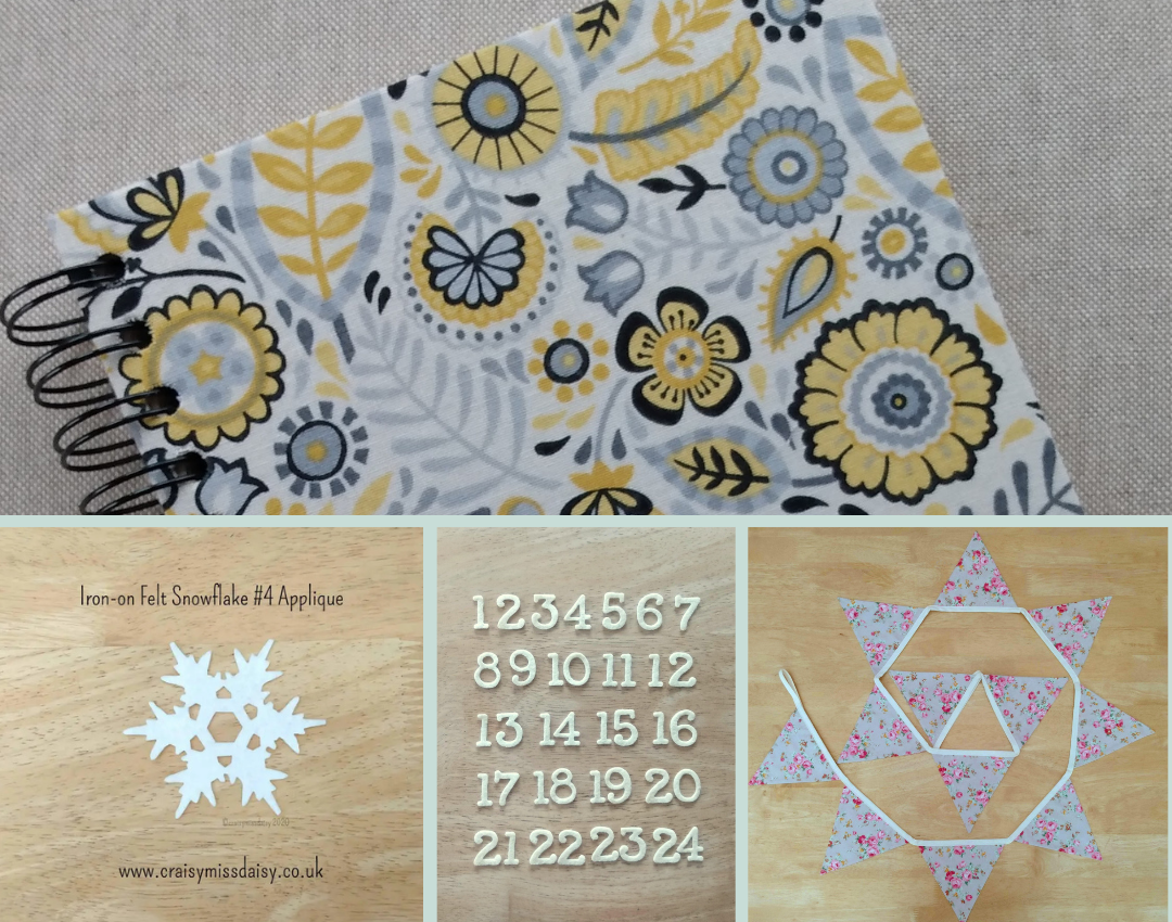 collage of craisymissdaisy notebook, snowflake, advent numbers and bunting