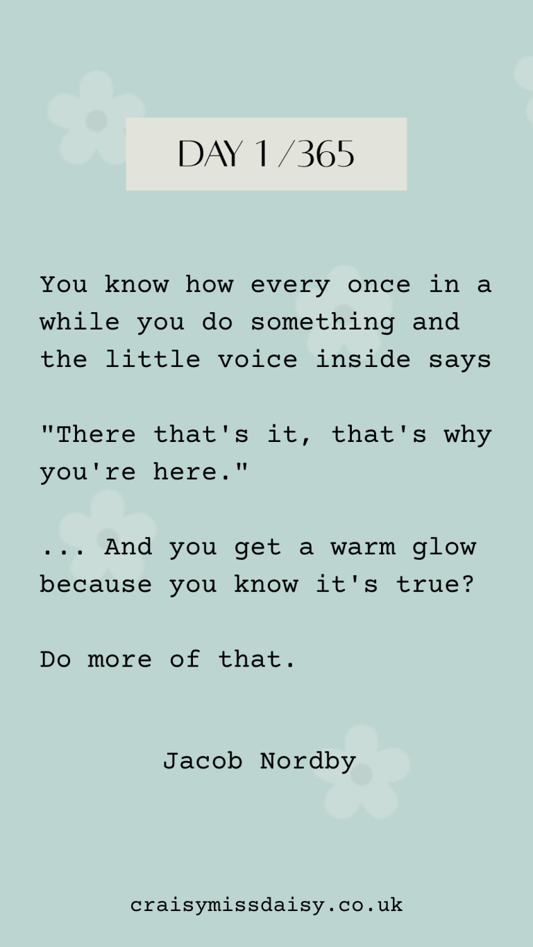 Home Vertical graphic on light mint blue with faint white daisies. A cream box reads DAY 1/365 over a text quote by author Jacob Nordby.