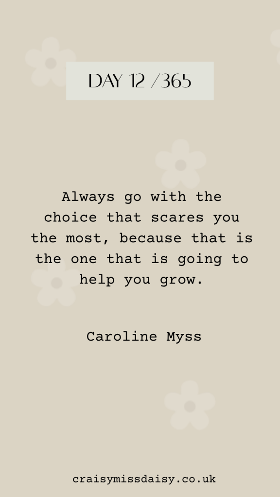Minimalist white graphic featuring a serif font quote by Caroline Myss about making choices that help you grow for Day 12/365.