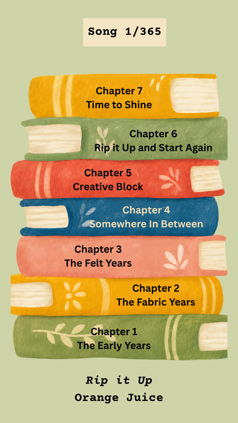 Home Vertical graphic on sage green showing a colourful stack of seven hardcover books with custom chapter titles. Text reads Song 1/365 Rip it Up.