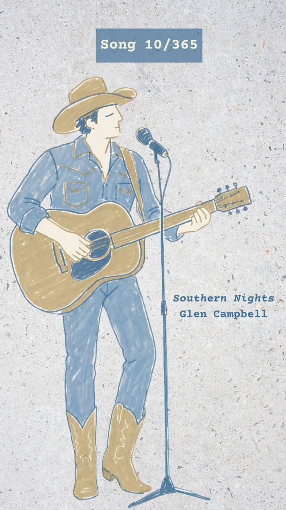 Crayon illustration of a country singer with a guitar for Song 10/365, "Southern Nights" by Glen Campbell.