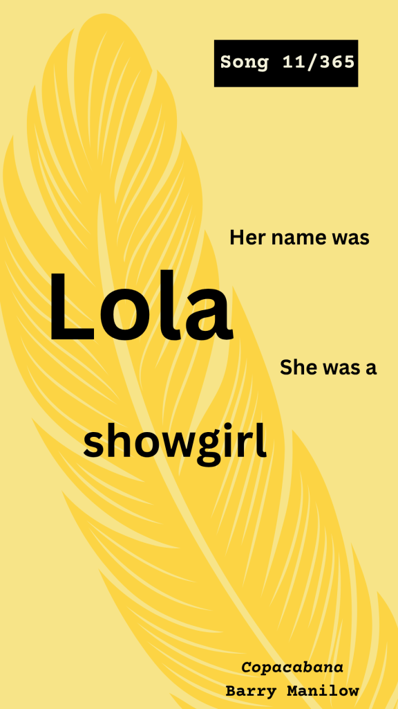 Yellow graphic featuring a large yellow feather background and typewriter text lyrics for Barry Manilow's Copacabana.