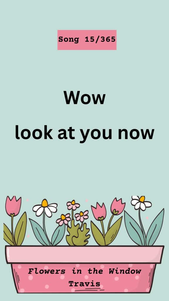 Pale blue graphic featuring a hand-drawn pot of blooming flowers and lyrics for Flowers in the Window by Travis for Song 15/365.