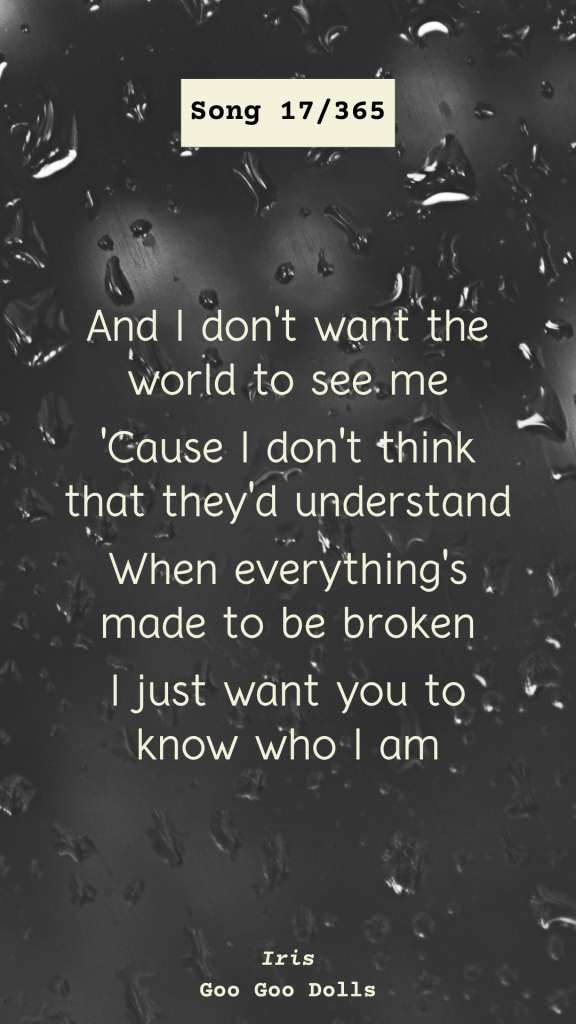 Moody black and white graphic showing water droplets on a glass window with typewriter lyrics for Song 17/365, Iris by the Goo Goo Dolls.