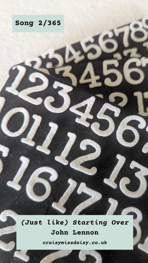 Vertical graphic with a textured black background filled with large cream felt advent numbers. Boxes read Song 2/365, John Lennon.