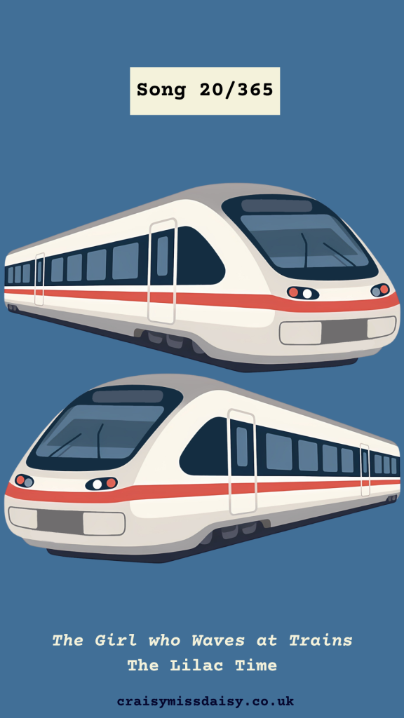 Dark blue graphic featuring two illustrated commuter trains for Song 20/365, The Girl who Waves at Trains by The Lilac Time.