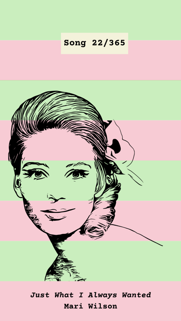 Retro mint green and pink striped graphic with stencil portrait art for Song 22/365, Just What I Always Wanted by Mari Wilson.