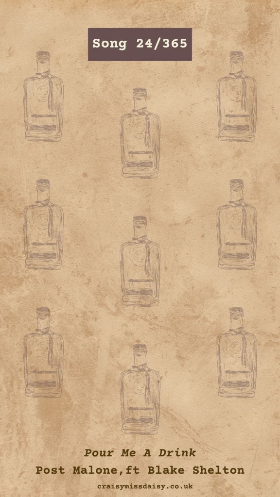 Vintage textured parchment graphic with a subtle liquor bottle pattern for Song 24/365, Pour Me A Drink.