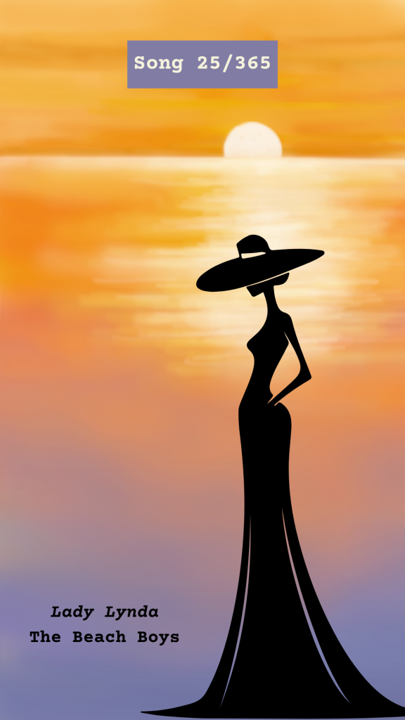 Sunset silhouette graphic of a woman in a sun hat for Song 25/365, Lady Lynda by The Beach Boys.
