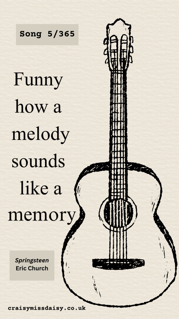 Vertical graphic on a warm textured cream background featuring an ink line sketch of an acoustic guitar for Song 5/365, Springsteen.