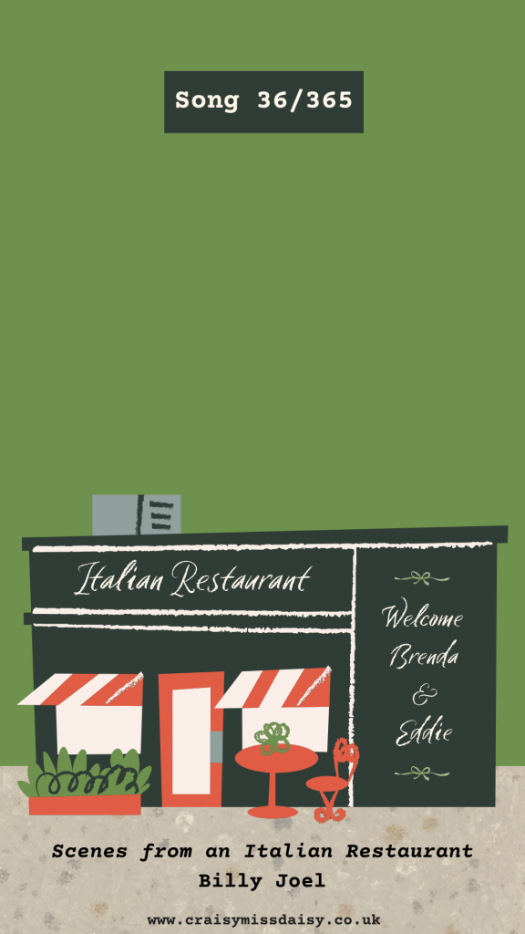 Sage green graphic showing an Italian restaurant storefront illustration for Song 36/365 by Billy Joel.