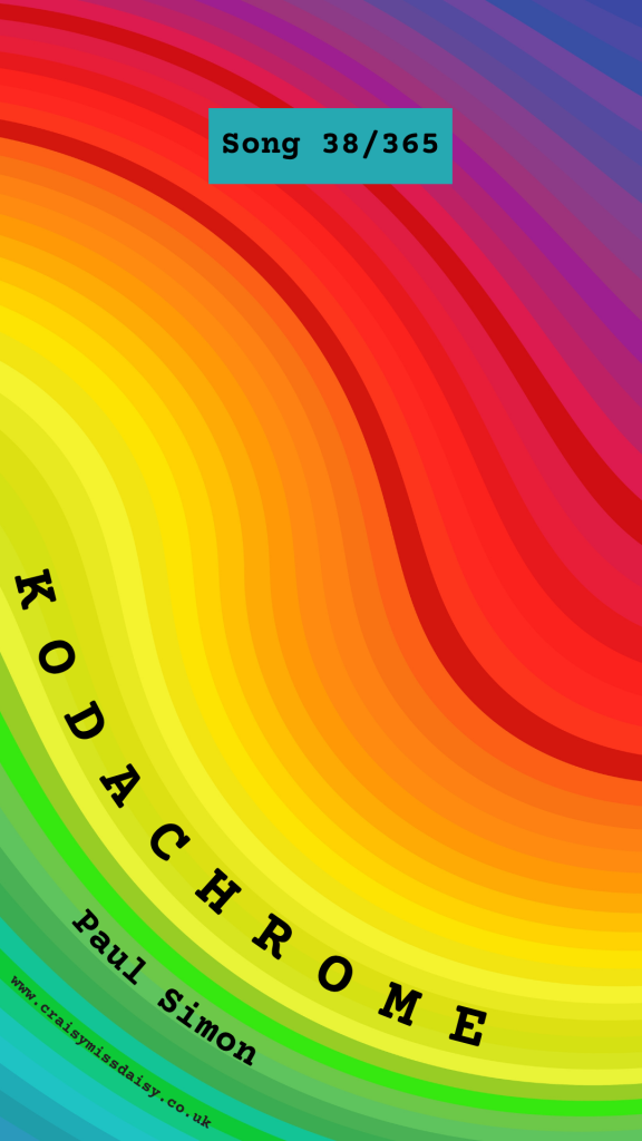 Vibrant swirling rainbow wave graphic for Song 38/365, Kodachrome by Paul Simon.