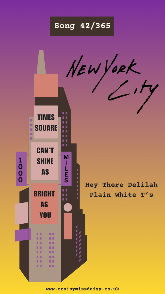 Pink and yellow gradient graphic featuring a New York skyscraper lyric illustration for Song 42/365.
