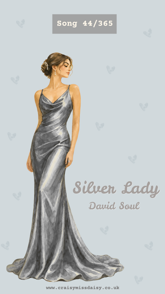 Pale blue graphic featuring an elegant silver dress watercolour illustration for Song 44/365, Silver Lady by David Soul.