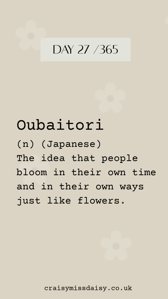 Vertical beige graphic defining the Japanese concept Oubaitori for Day 27/365.