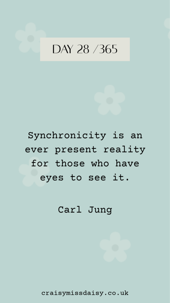 Vertical blue graphic featuring a quote on synchronicity by Carl Jung for Day 28/365.
