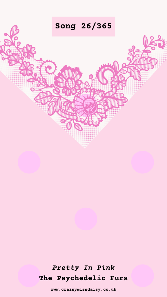 Vertical pink polka-dot graphic with a hot pink lace dress detail for Song 26/365, Pretty In Pink by The Psychedelic Furs.