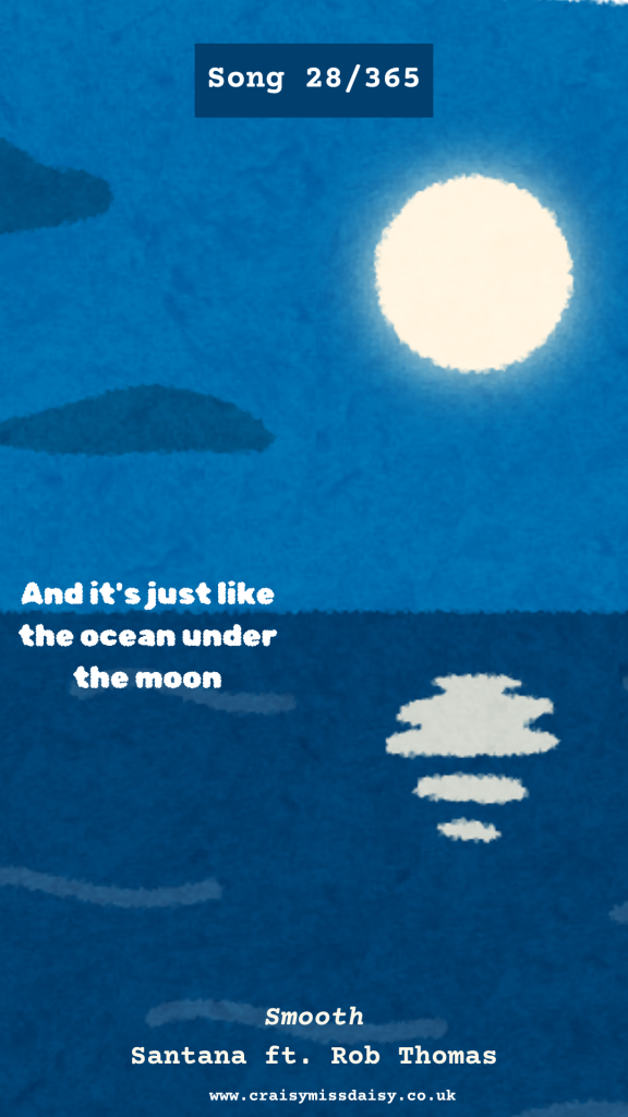 Vertical painted blue graphic of a full moon reflecting over the ocean for Song 28/365, Smooth by Santana featuring Rob Thomas.