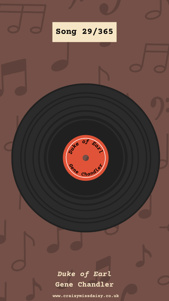 Vertical brown graphic featuring a vinyl record with an orange center label for Song 29/365, Duke of Earl by Gene Chandler.