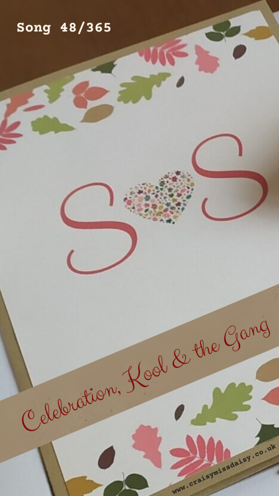 Beige anniversary graphic featuring a floral leaf heart and initials for Song 48/365, Celebration by Kool & The Gang.